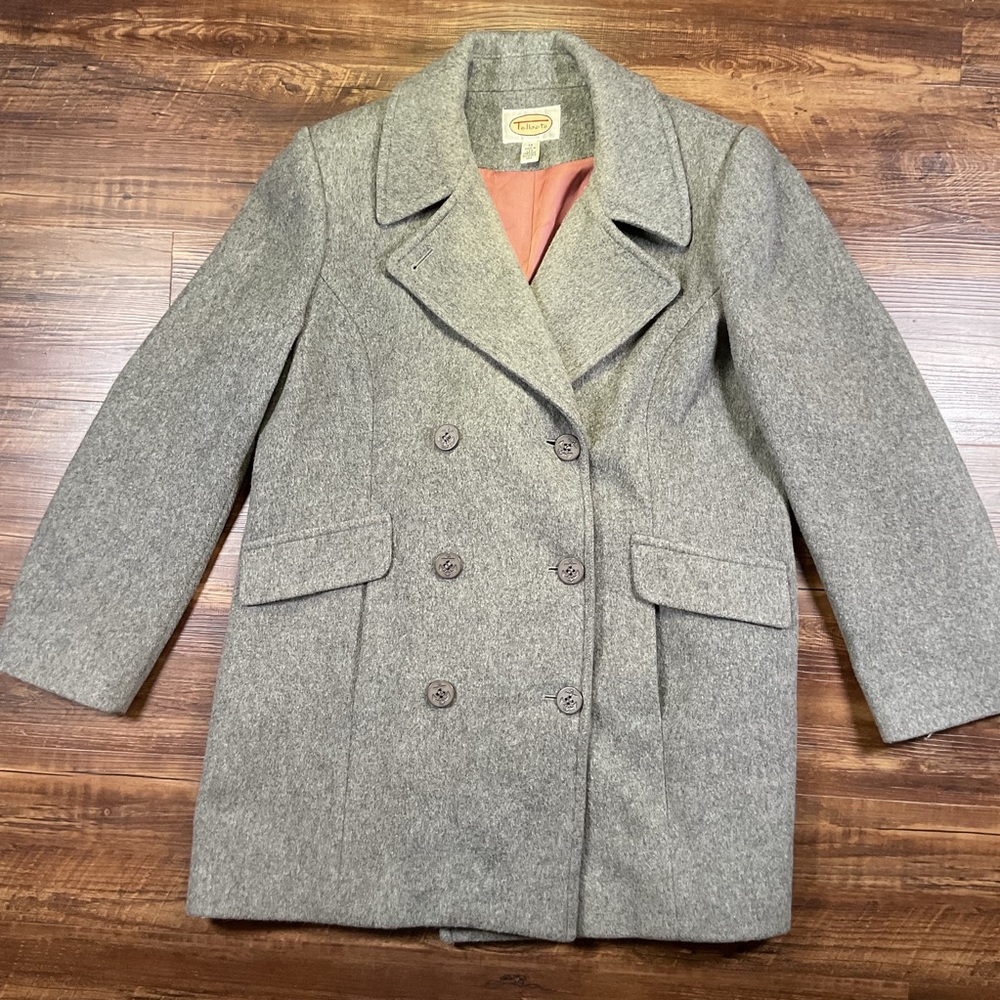 Vintage Talbots Peacoat Womens 14 Gray Wool Double-Breasted Naval Jacket USA
